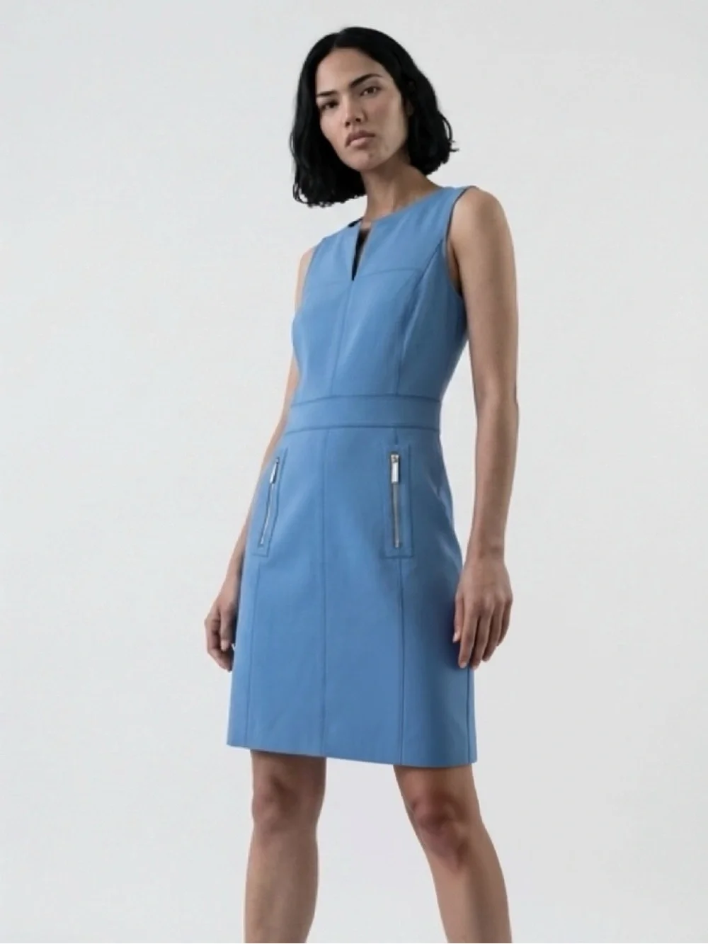 TORY BURCH CHELSEA SHEATH DRESS MONTEGO BLUE ZIPPERED ‎ POCKETS CORP-CORE MODEST